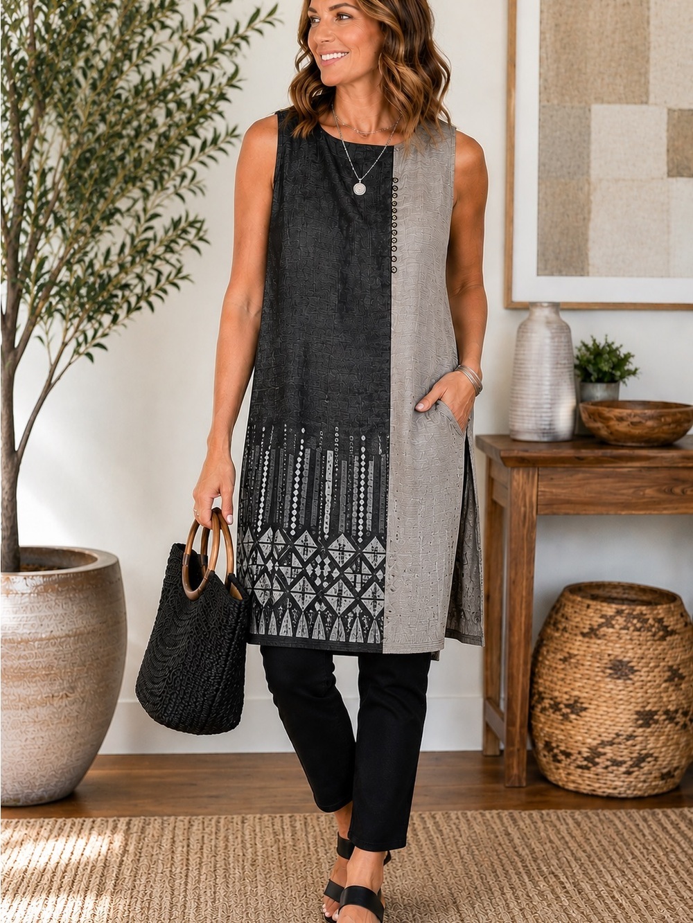 Sakshi Sleeveless Black & Taupe Patchwork Tunic Top | Boho Art-to-Wear